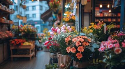 A bustling urban flower market full of colorful blooms, with shoppers browsing various floral arrangements.