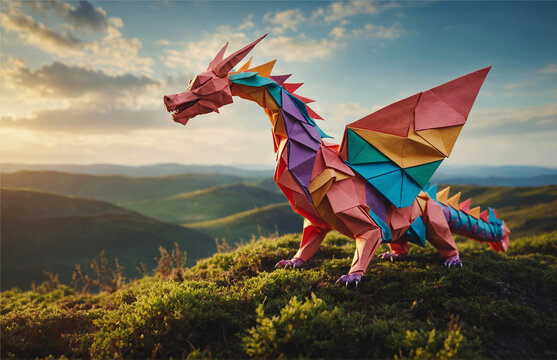 A whimsical dragon fashioned from colorful origami, its wings fluttering as it glides through a dreamlike landscape, Generative AI