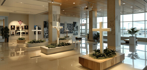 Contemporary memorial crosses with minimalist design, displayed in a corporate atrium alongside photographs and memorabilia honoring fallen servicemen and women.