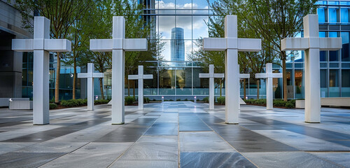 Memorial crosses with clean, geometric design, arranged in a corporate plaza with precision and...