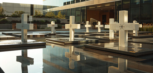  Memorial crosses with clean, geometric design, arranged in a corporate plaza with precision and...