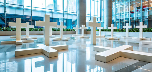 Memorial crosses with clean, geometric design, arranged in a corporate plaza with precision and...