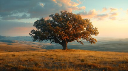 Fototapeta premium Capture the quiet beauty of a lone tree standing tall against a backdrop of rolling hills, a testament to resilience and strength.