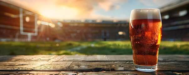 Glass of fresh cold beer on football stadium. Watch match with friends. Game and drink. World...