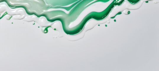 Banner with Liquid acrylic fluid abstract background. Green, white and gold backdrop abstract mixing painting. Art with flows and splashes for interior poster, banner