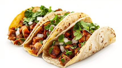 "Assortment of Mexican tacos al pastor (side and top view), isolated on white background, with blank white backdrop"