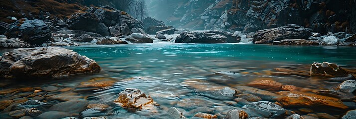 Mountain bubbling river close-up on the shore of a cold mountain lake of stunning turquoise color...