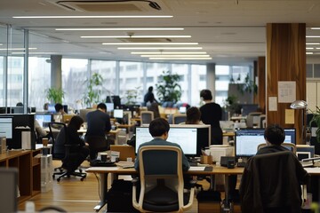 Obraz premium Witness a company’s dedication to a productive and happy office environment. These images depict employees collaborating, communicating, and strategizing in a professional and efficient workspace, emp