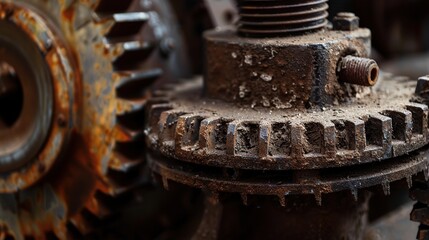 Metal gears in well-used machinery Close-up still life with beautiful textures and shapes. Beautiful gear wheel details