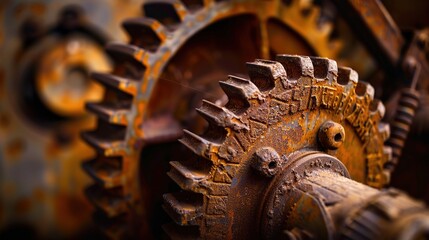Metal gears in well-used machinery Close-up still life with beautiful textures and shapes. Beautiful gear wheel details
