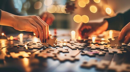 People place puzzle pieces into a jigsaw puzzle on a table with blurry lights in the background.