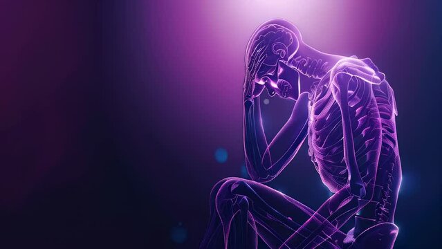 Human skeleton in contemplative pose with purple glow