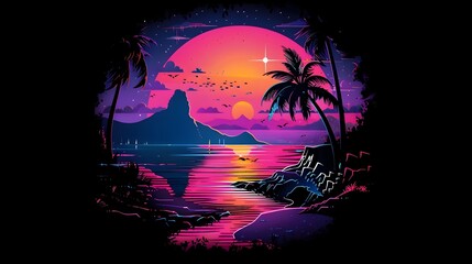 Dive into the World of Sustainable Fashion with a Vibrant Synthwave Beach Sunset Landscape