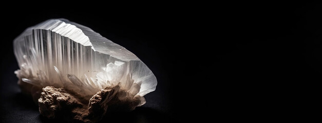 Selenite is rare precious natural stone on black background. AI generated. Header banner mockup with space.