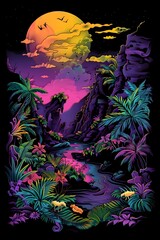Enchanting Jungle Adventure in a Vibrant Dreamscape Landscape with Neon Sunset Sky