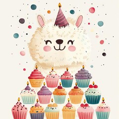Fototapeta premium Alpaca surrounded by a tower of birthday cupcakes