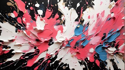 Bright colorfull splatter paint on an abstract acrylic painting with a black background