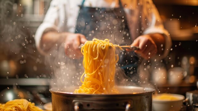 A chef boild a pasta