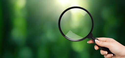 hand hold magnifying glass on green nature background