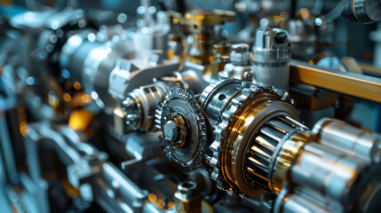 Detailed close-up of shiny machinery gears and cogs in industrial setting.
