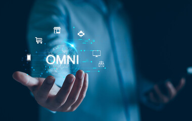 Omnichannel marketing business strategy concept. Digital online marketing and customer engagement by integrated channels. Global linked transfer communication lines. Omnichannel online retail business