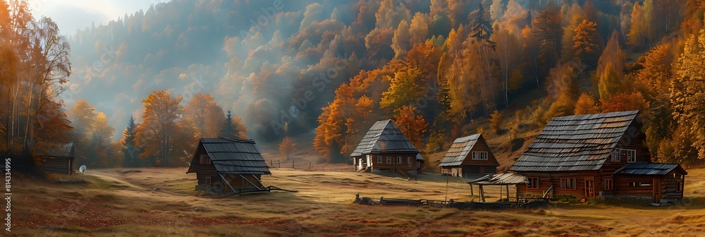 Wall mural mountain cottages on pasture, autumn landscape with colored trees realistic nature and landscape - Wall murals