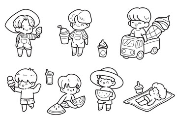 kids Summer, beach travel, sea play equipment cute hand drawn simple lines