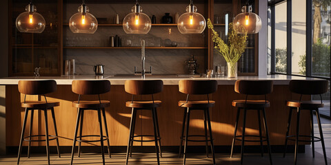  A Bar stools at a stylish kitchen island, with pendant lights casting a warm glow over the scene. 