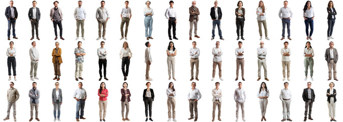 Many business people set isolated background, casual formal attire wear, full body length,...