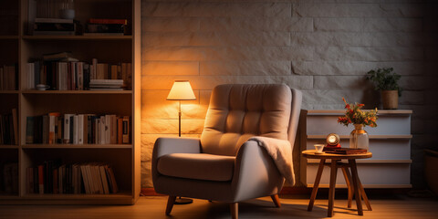 A Contemporary armchair in a cozy living room, with soft ambient lighting and a bookshelf in the background.