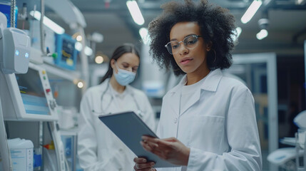 Two diverse scientists, one with a face mask, discussing research data on a tablet in a laboratory setting.