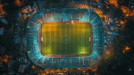 An overhead shot of the newly built indoor large-scale dynamic youthful creative football stadium.，Dynamic 4K Wallpaper of Newly Built Indoor Football Field with Vibrant Atmosphere. A Sports Arena for