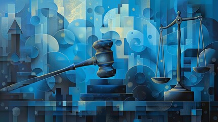 An abstract composition of legal symbols like scales and gavels, set against a blue and grey gradient for a professional look