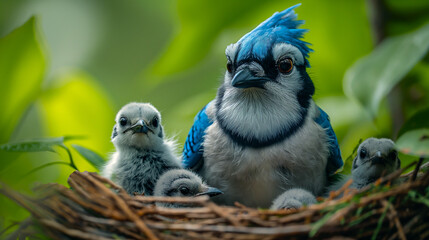 Closeup of the North American Blue Jay mother bird with her chicks inside a nest on a tree