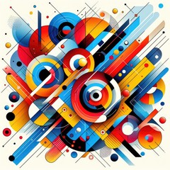 abstract image featuring a vibrant mix of geometric shapes such as circles, lines, and triangles in a dynamic composition.