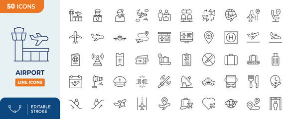 Airport Line Editable Icons set. Containing plane, pilot, air hostess, satelite, departure, etc. Editable stroke. Vector illustration  © Cetacons