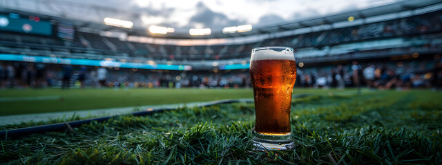 Glass of fresh cold beer on football stadium. Watch match with friends. Game and drink. World...