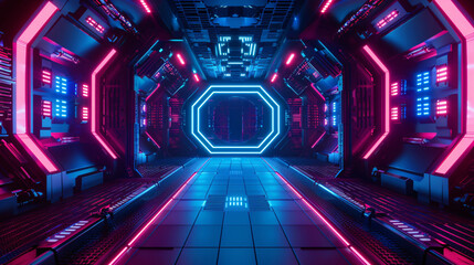 Fototapeta premium 3D rendering of sci-fi stretch background with geometric tunnel and neon lines, 3d rendering concept illustration
