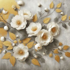 artwork featuring elegant white flowers with golden centers, blossoming against a textured grey background adorned with gold leaf accents.
