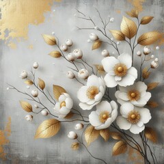 artwork featuring elegant white flowers with golden centers, blossoming against a textured grey background adorned with gold leaf accents.