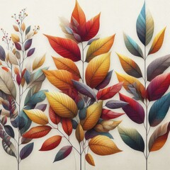 artwork featuring three distinct types of plants with autumnal hues, each plant showcasing a different leaf structure and color gradient, set against a neutral background to highlight their vibrant co