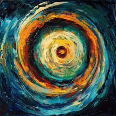 Dynamic abstract rendition of the Whirlpool Galaxy, highlighted by bold, swirling strokes and a rich palette of blues, oranges, and yellows.