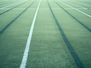 Close-up of artificial turf, grass track and field track on soccer field，Vibrant 4K Wallpaper of Close-Up Football Field with Artificial Turf and Green Grass Track. Dynamic Sports Arena for Soccer Ent
