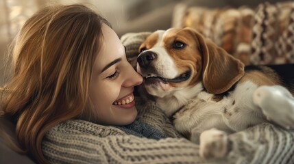 Behold the charm of a young woman and her beagle friend sharing a blissful moment on a sofa, their bond evident in her radiant smile and the affectionate gaze exchanged between them.