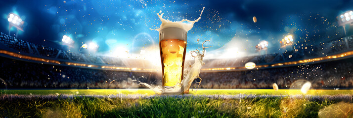 Glass with lager foamy beer on grass at soccer  stadium. Game and drink, sports fan. Watch football or rugby match with friends. World championship cup. Super Bowl. Banner with copy space
