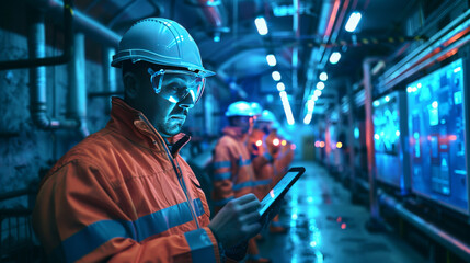 Industrial worker in orange safety gear using a digital tablet to monitor systems in a high-tech factory environment.