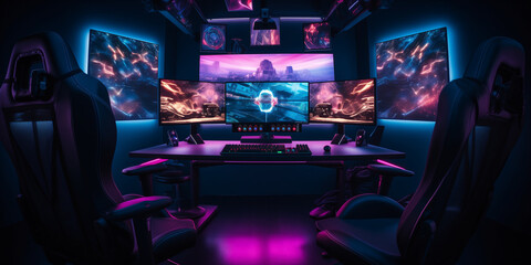 A Gaming chair with RGB lighting and adjustable features, in a gamer's setup with multiple monitors and gaming peripherals. 