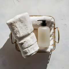 Top view flat lay of bathroom essential cleaners in basket on white background.
