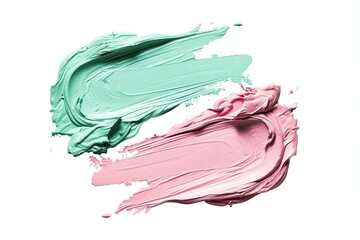 olor corrector strokes isolated on white background. Green and pink color correcting cream concealer smudge smear swatch sample. Makeup base creamy texture