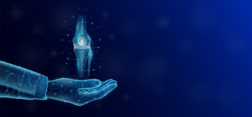 Knee joint bone floats in the nurse doctor hand. Human organ low poly polygon style. On dark blue background with empty copy space for text. Medical health care concept. Vector illustration.